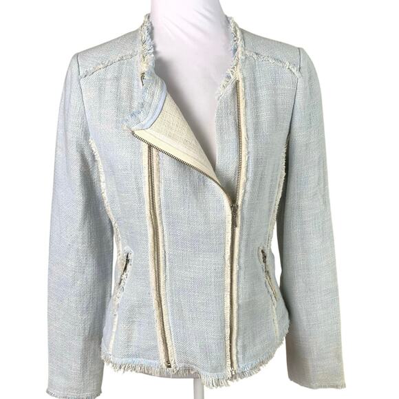 Sundance Jackets & Blazers - Sundance Sz 10 Cotton Tweed Blazer Jacket Blue Ivory Full Zip Raw Fringe Pockets